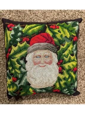 Vintage Needlepoint Santa Pillow with Black Fabric 8.5" Square